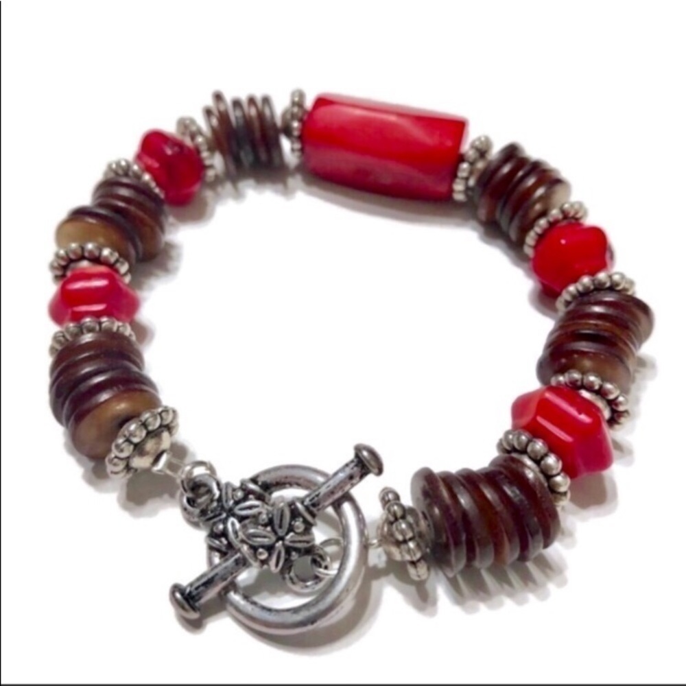 Coral Bamboo and Brown Shell Necklace Handmade Set - Picture 5 of 8